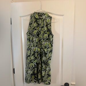 Michael Kors Leaf Print Dress in Green and Black with front tie.